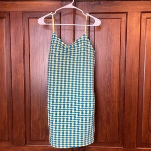MNG New Cami Bodycon Waffle Textured Mini Sleeveless Dress Blue Yellow Size 10
